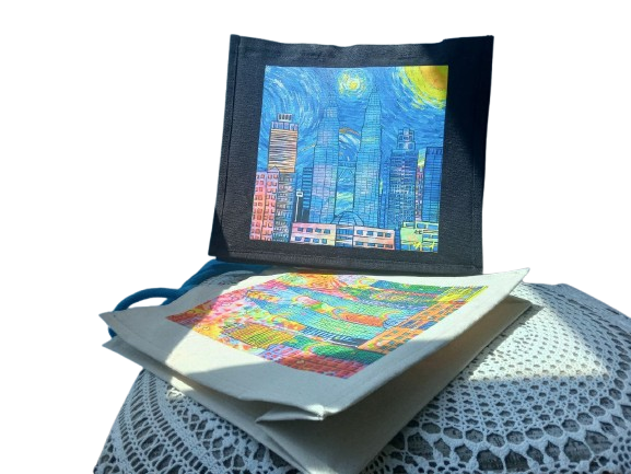 tote bag, batik, malaysian, klcc, black bag, white bag, original work, painting,