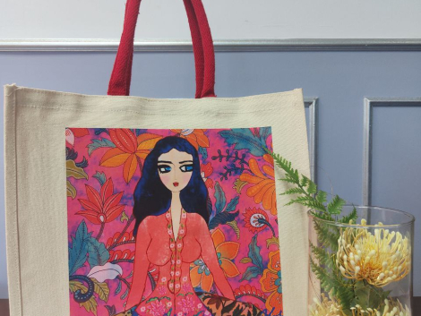 tote bag, batik, malaysian, kebaya, black bag, white bag, original work, painting,