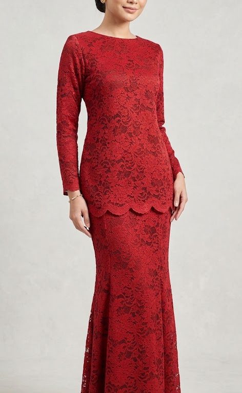 Red, baju kurung, lace, baju kurung modern, kurung modern